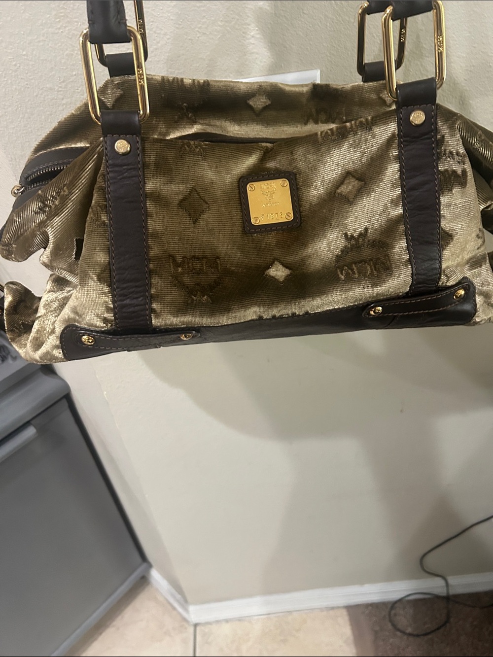 MCM Olive Green Velvet & Brown Leather Shoulder Bag with Gold Hardware